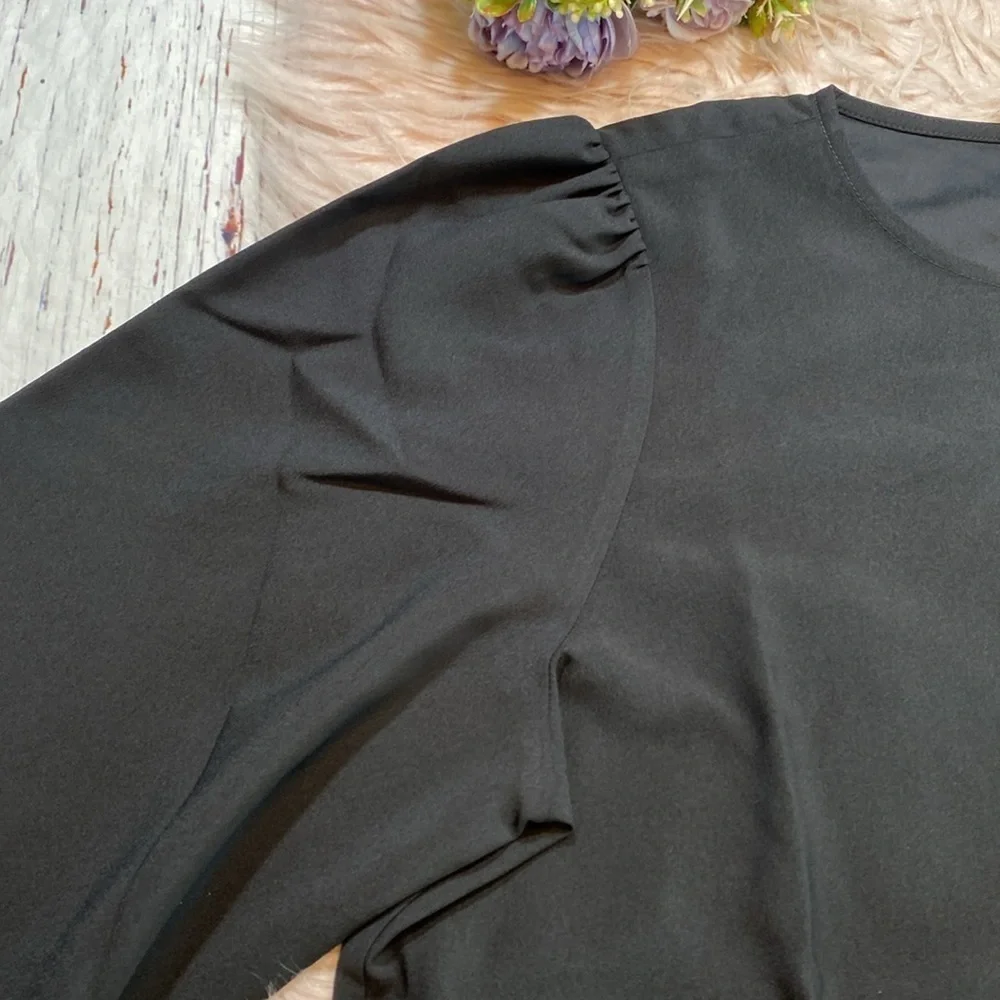 NWT J. Crew Puff Sleeve Satin-Back Crepe Top Black sz MT